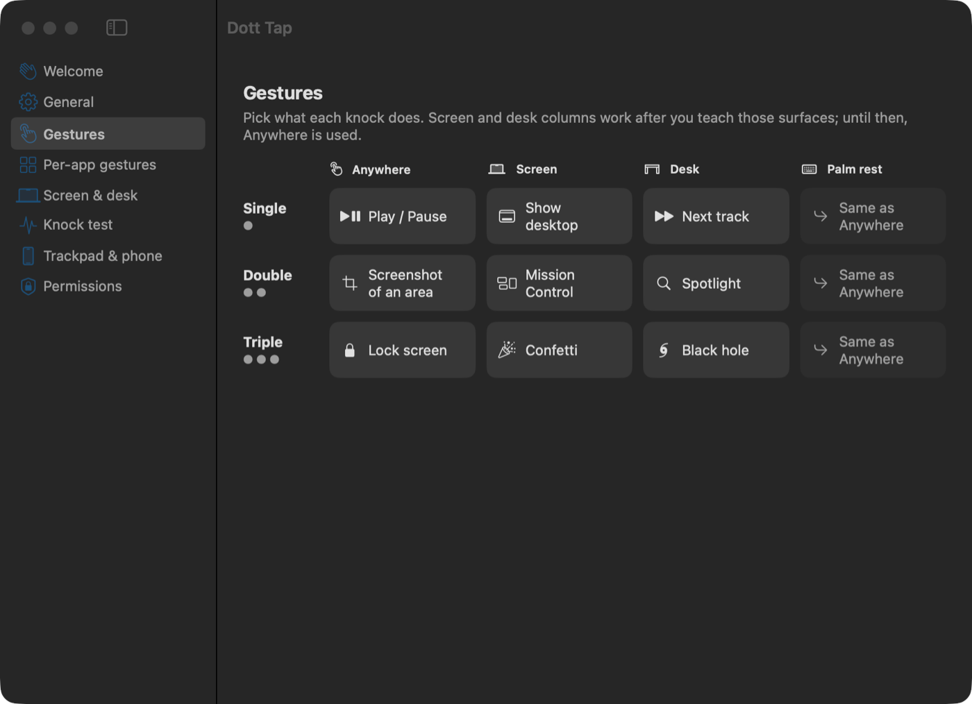 Dott Tap settings: actions for single, double and triple knocks on the screen, desk and palm rest