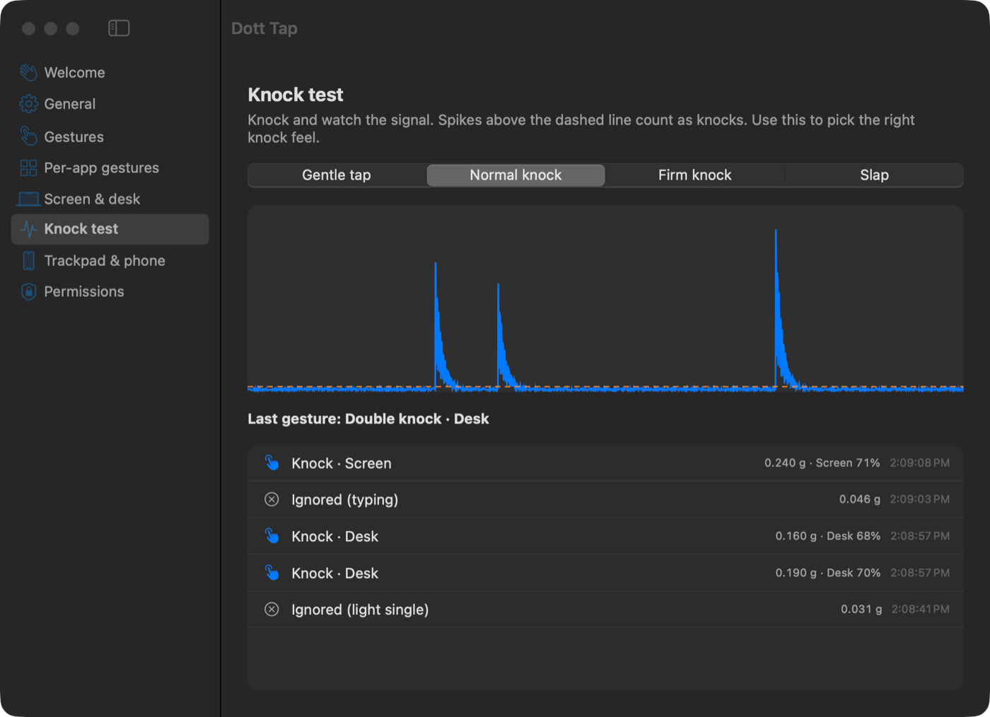Knock test: live motion sensor graph with a double knock and a single knock