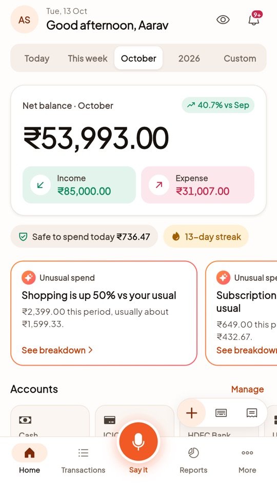 Home with net balance and unusual-spend alerts