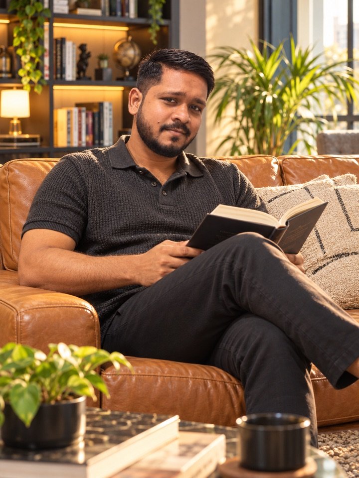 Mohammad Danyal, founder of OpenDott, reading a book on a sofa
