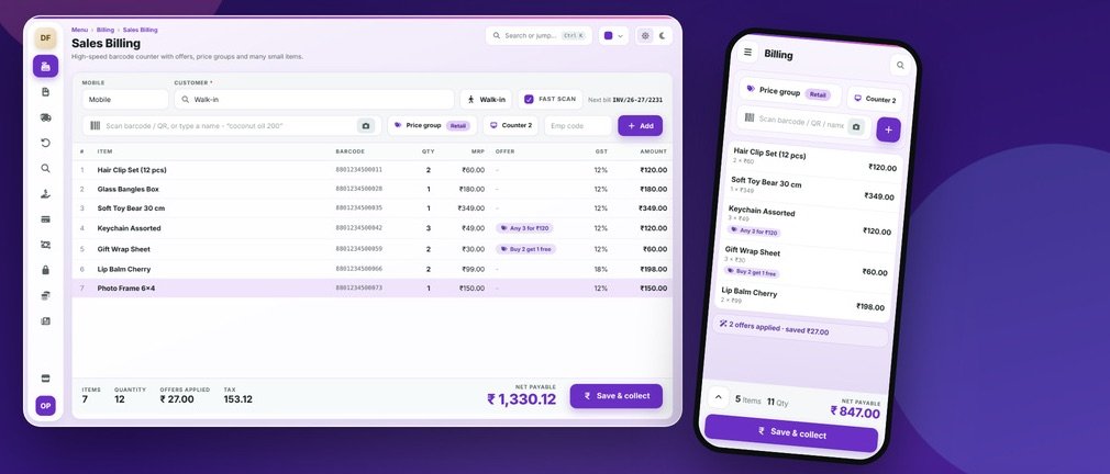 Fancy Store Billing: desktop billing screen and mobile app