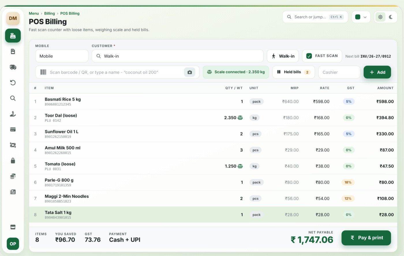 Grocery & Supermarket Billing desktop billing screen