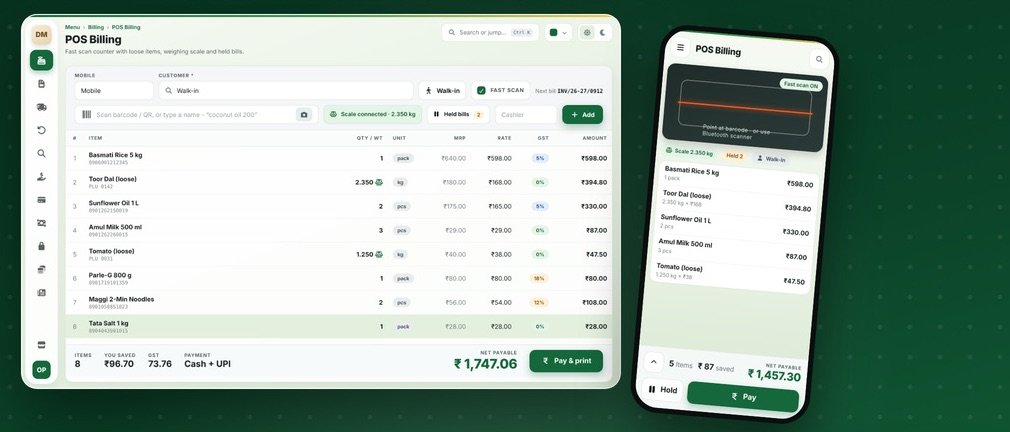 Grocery & Supermarket Billing: desktop billing screen and mobile app