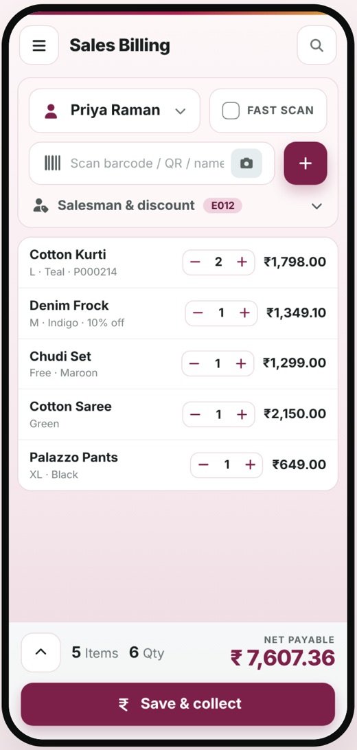 Textile Showroom Billing mobile app screen